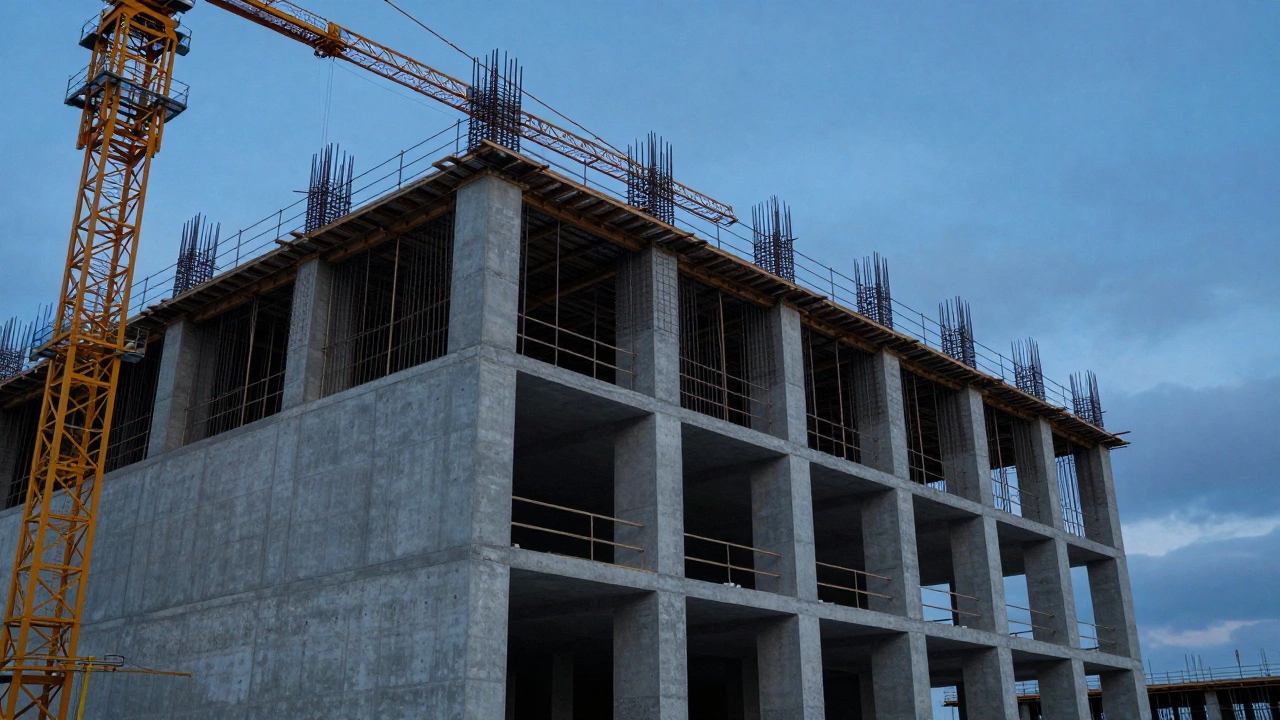 Строительство массивного здания из монолитного железобетона с арматурой