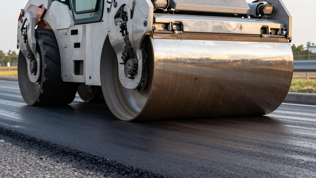 Тяжелый дорожный каток уплотняет свежеуложенный слой асфальта