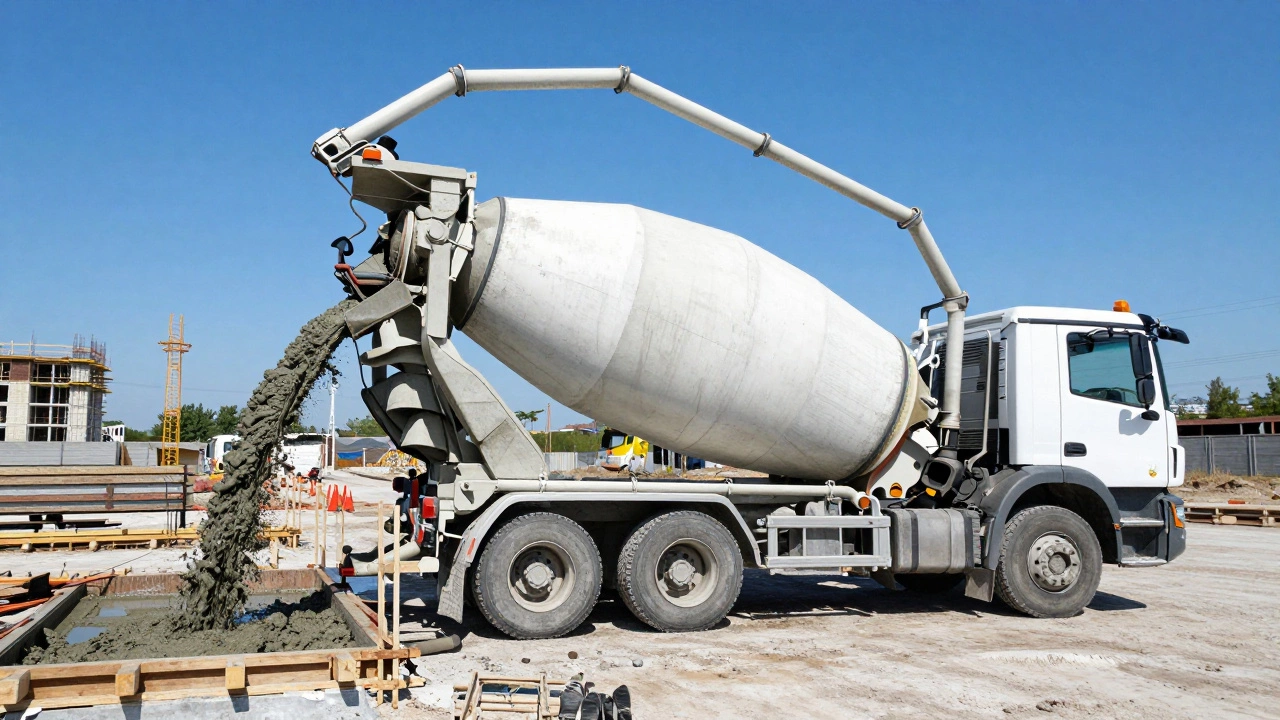 Заливка бетона в фундамент с помощью миксера и бетононасоса