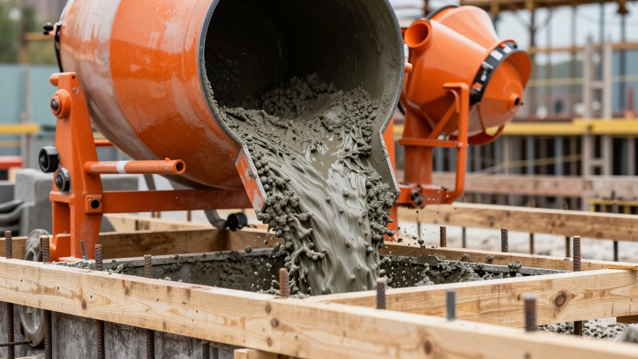 Заливка свежего бетона из бетономешалки в фундамент с арматурой