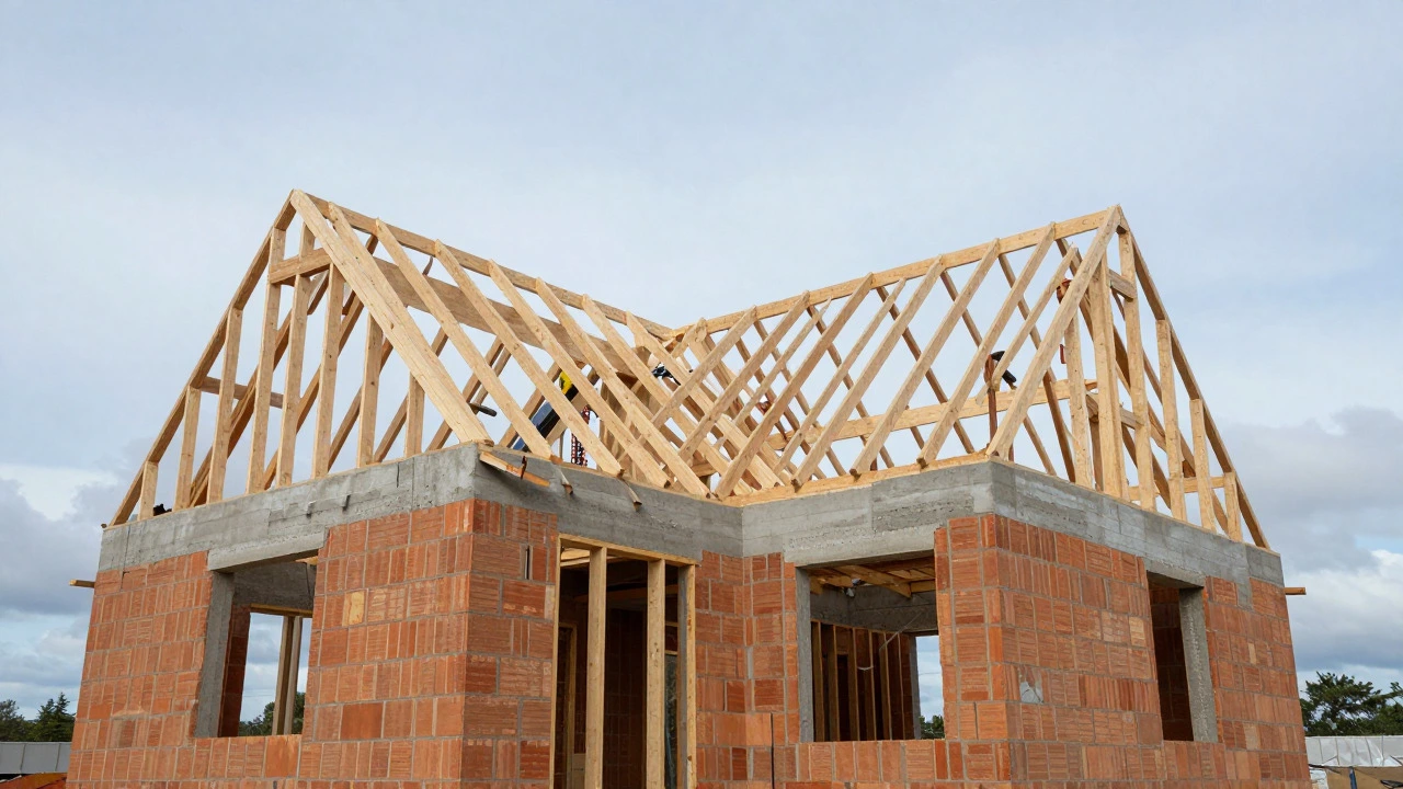 Skeletal structure of a house with brick walls and wooden roof trusses under construction